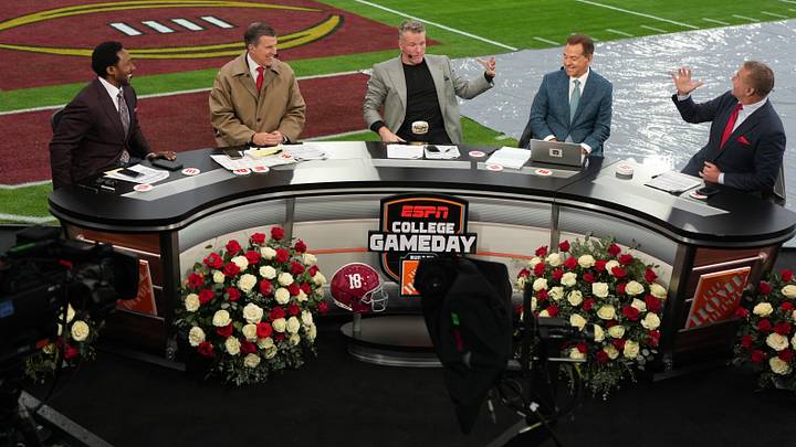 Desmond Howard, Rece Davis, Pat McAfee, Nick Saban and Kirk Herbstreit on the ESPN College Gameday set during the 2026 Rose Bowl. Desmond Howard, Rece Davis, Pat McAfee, Nick Saban and Kirk Herbstreit on the ESPN College Gameday set during the 2026 Rose Bowl.