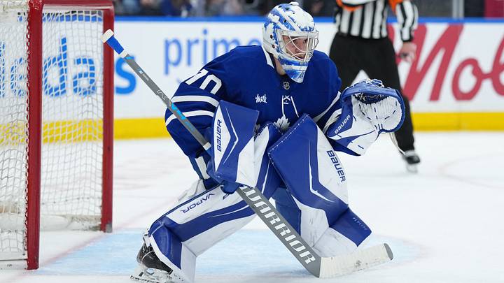 Apr 13, 2026; Toronto, Ontario, CAN;Toronto Maple Leafs goaltender Artur Akhtyamov (70) follows the action against the Dallas Stars during the second period at Scotiabank Arena. Mandatory Credit: Nick Turchiaro-Imagn Images