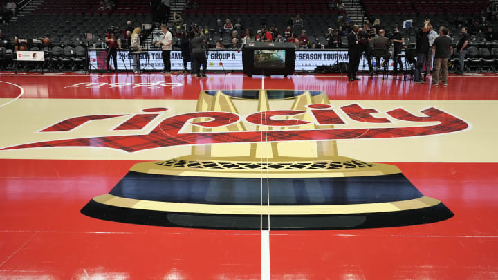 Nov 3, 2023; Portland, Oregon, USA; The Portland Trail Blazers logo at center court before the game against the Memphis Grizzlies at Moda Center. Mandatory Credit: Soobum Im-USA TODAY Sports