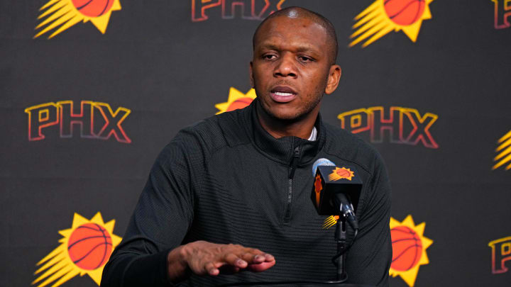 Suns GM James Jones speaks with the press during a press conference at the Footprint Center in