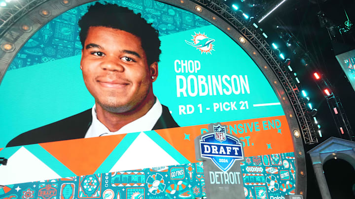 Penn State Nittany Lions defensive end Chop Robinson is selected as the No. 22 pick of the first round by the Miami Dolphins during the 2024 NFL Draft at Campus Martius Park and Hart Plaza.
