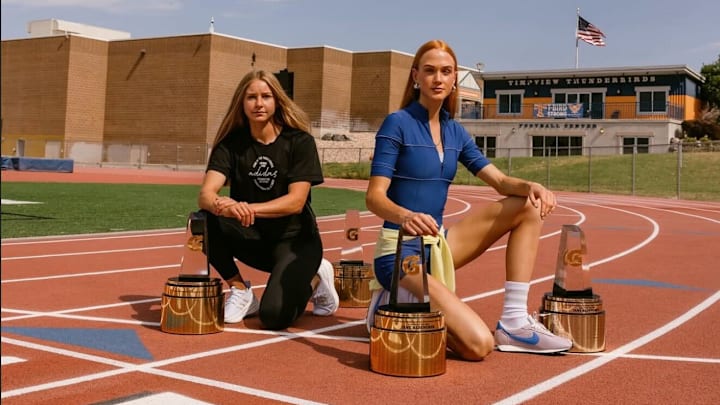 Adidas pro Katelyn Tuohy (left) poses with 2024-2025 Gatorade Girls National Track and Field Player of the Year Jane Hedengren with Gatorade Player of the Year trophies after Tuohy surprised Hedengren with the award on Tuesday, July 1, 2025.