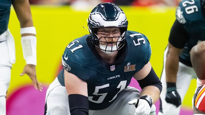 Feb 9, 2025; New Orleans, LA, USA; Philadelphia Eagles  center Cam Jurgens (51) against the Kansas City Chiefs during Super Bowl LIX at Ceasars Superdome. 