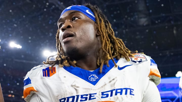 Dec 31, 2024; Glendale, AZ, USA; Boise State Broncos running back Ashton Jeanty (2) against the Penn State Nittany Lions during the Fiesta Bowl at State Farm Stadium. Mandatory Credit: Mark J. Rebilas-Imagn Images
