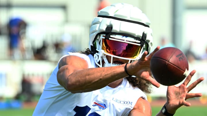 Jul 24, 2024; Rochester, NY, USA; Buffalo Bills wide receiver Mack Hollins (13) catches a pass during training camp at St. John Fisher University. Mandatory Credit: Mark Konezny-USA TODAY Sports Jul 24, 2024; Rochester, NY, USA; Buffalo Bills wide receiver Mack Hollins (13) catches a pass during training camp at St. John Fisher University. Mandatory Credit: Mark Konezny-USA TODAY Sports