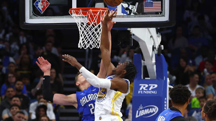 Mar 22, 2022; Orlando, Florida, USA;  Orlando Magic forward Franz Wagner (22) defends Golden State Warriors forward Jonathan Kuminga (00) during the second half at Amway Center. Mandatory Credit: Kim Klement-Imagn Images