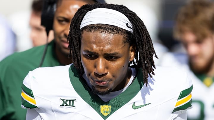 Nov 22, 2025; Tucson, Arizona, USA; Baylor Bears wide receiver Josh Cameron (34) against the Arizona Wildcats at Casino Del Sol Stadium. Mandatory Credit: Mark J. Rebilas-Imagn Images