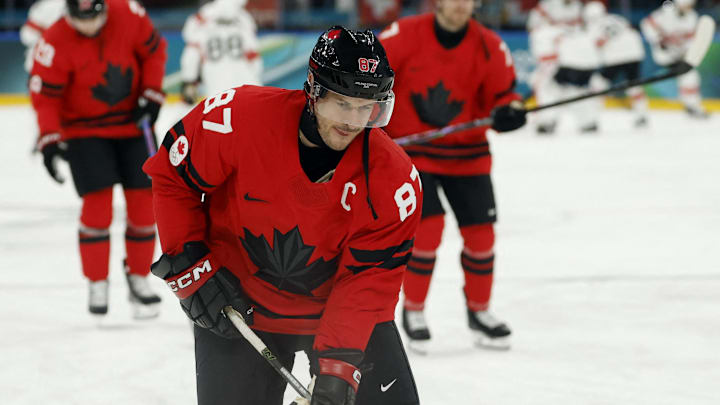 Feb 13, 2026; Milan, Italy; Sidney Crosby of Canada during the warm up before the match against Switzerland in men's ice hockey group A play during the Milano Cortina 2026 Olympic Winter Games at Milano Santagiulia Ice Hockey Arena. Mandatory Credit: Geoff Burke-Imagn Images