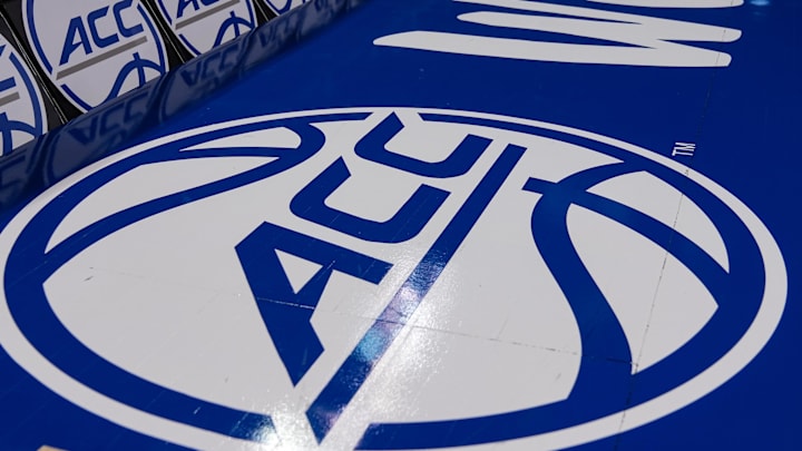 Mar 8, 2024; Greensboro, NC, USA; General view of the ACC logo before the game between Notre Dame vs Louisville at Greensboro Coliseum. Mandatory Credit: David Yeazell-Imagn Images
