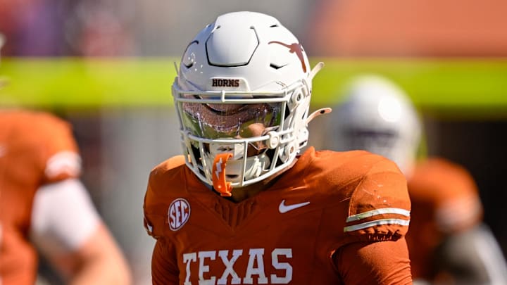 Oct 11, 2025; Dallas, Texas, USA; Texas Longhorns linebacker Anthony Hill Jr. (0) looks on during the game between the Texas Longhorns and the Oklahoma Sooners at the Cotton Bowl. Mandatory Credit: Jerome Miron-Imagn Images