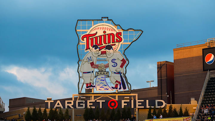 A general view of the Minnesota Twins logo in a game between the Twins and Baltimore Orioles at Target Field in Minneapolis on July 6, 2015.