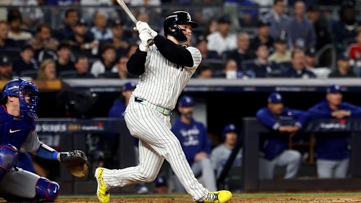 Oct 30, 2024; New York, New York, USA; New York Yankees outfielder Alex Verdugo (24) hits a RBI single during the second inning against the Los Angeles Dodgers in game five of the 2024 MLB World Series at Yankee Stadium. Mandatory Credit: Vincent Carchietta-Imagn Images Oct 30, 2024; New York, New York, USA; New York Yankees outfielder Alex Verdugo (24) hits a RBI single during the second inning against the Los Angeles Dodgers in game five of the 2024 MLB World Series at Yankee Stadium. Mandatory Credit: Vincent Carchietta-Imagn Images