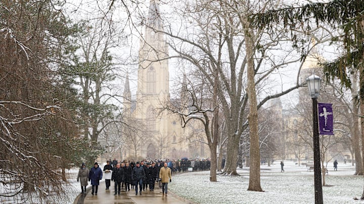 The funeral procession for former Notre Dame football head coach Lou Holtz at the Basilica of the Sacred Heart at the University of Notre Dame on Monday, March 16, 2026.
