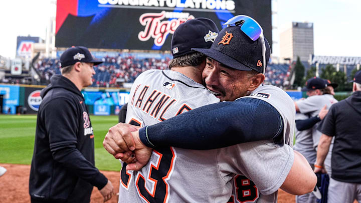 Detroit Tigers outfielder Jahmai Jones (18), right, hugs, left pitcher Tommy Kahnle (43) to celebrates 6-3 win over Cleveland Guardians in Game 3 of AL wild-card series at Progressive Field in Cleveland on Thursday, Oct. 2, 2025.