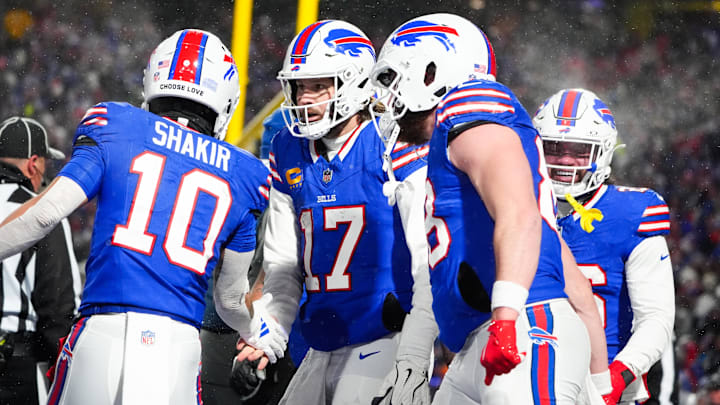 Jan 19, 2025; Orchard Park, New York, USA; Buffalo Bills quarterback Josh Allen (17) celebrates with Buffalo Bills wide receiver Khalil Shakir (10). Jan 19, 2025; Orchard Park, New York, USA; Buffalo Bills quarterback Josh Allen (17) celebrates with Buffalo Bills wide receiver Khalil Shakir (10).