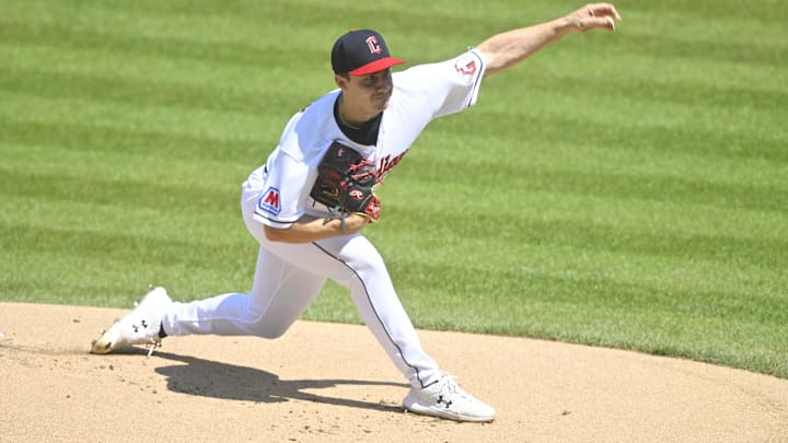 Aug 20, 2023; Cleveland, Ohio, USA; Cleveland Guardians starting pitcher Logan Allen (41) delivers a pitch in the first inning against the Detroit Tigers at Progressive Field. Mandatory Credit: David Richard-USA TODAY Sports