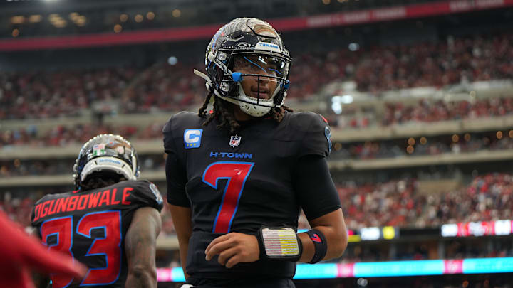 Oct 26, 2025; Houston, Texas, USA; Houston Texans quarterback C.J. Stroud (7) reacts during the second half against the San Francisco 49ers at NRG Stadium. Mandatory Credit: Sean Thomas-Imagn Images