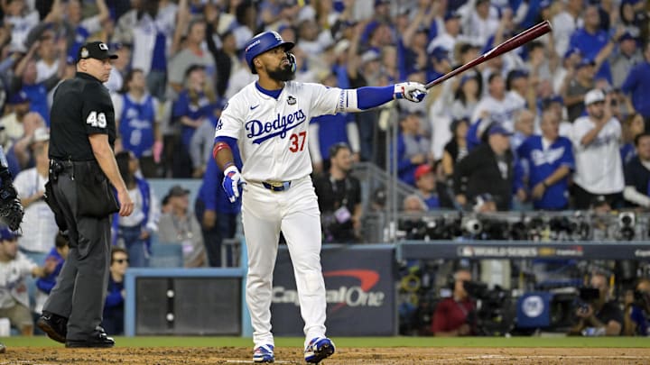 Los Angeles Dodgers outfielder Teoscar Hernandez (37) hits a two-run home run in the third inning against the New York Yankees during game two of the 2024 MLB World Series at Dodger Stadium. 