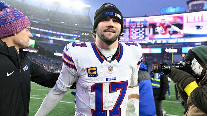 Dec 14, 2025; Foxborough, Massachusetts, USA; Buffalo Bills quarterback Josh Allen (17) walks off of the field after a game against the New England Patriots 