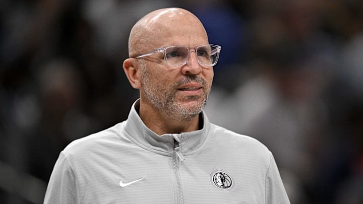 Apr 11, 2025; Dallas, Texas, USA; Dallas Mavericks head coach Jason Kidd looks on during the second quarter against the Toronto Raptors at the American Airlines Center. Mandatory Credit: Jerome Miron-Imagn Images