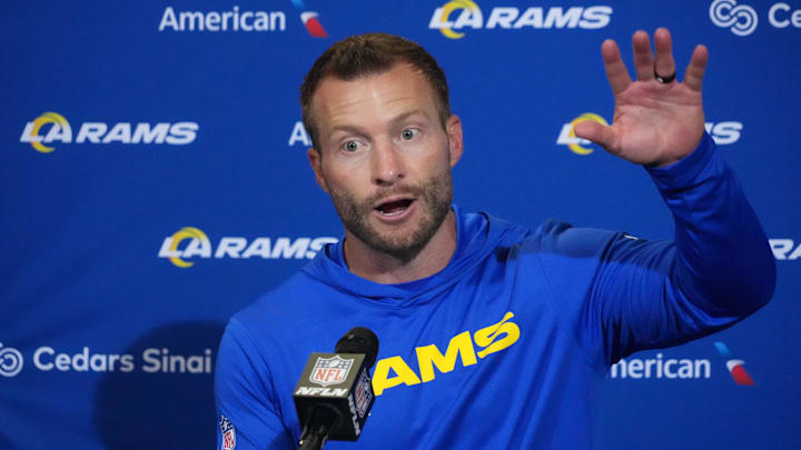 Oct 19, 2025; London, United Kingdom; Los Angeles Rams head coach Sean McVay at a press conference after a NFL International Series game against the Jacksonville Jaguars at Wembley Stadium. Mandatory Credit: Kirby Lee-Imagn Images