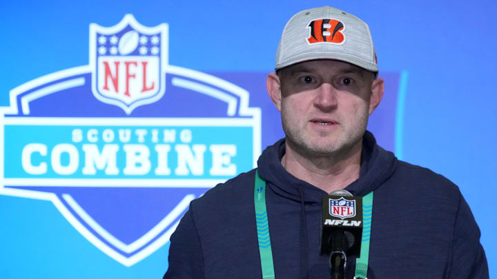 Feb 28, 2023; Indianapolis, IN, USA; Cincinnati Bengals general manager Duke Tobin during the NFL