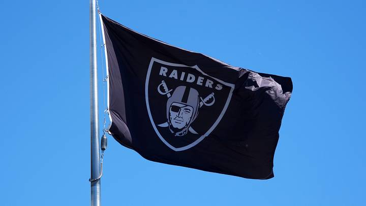 Jul 24, 2025; Henderson, NV, USA; A Las Vegas Raiders shield logo flag at the Intermountain Healthcare Performance Center. Mandatory Credit: Kirby Lee-Imagn Images Jul 24, 2025; Henderson, NV, USA; A Las Vegas Raiders shield logo flag at the Intermountain Healthcare Performance Center. Mandatory Credit: Kirby Lee-Imagn Images