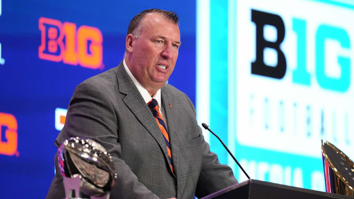 Jul 22, 2025; Las Vegas, NV, USA; Illinois head coach Bret Bielema speaks to the media during the Big Ten NCAA college football media days at Mandalay Bay Resort. Mandatory Credit: Lucas Peltier-Imagn Images