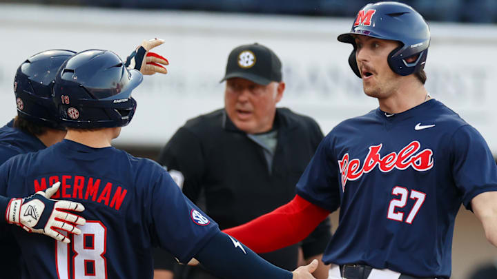 Judd Utermark celebrates hitting a home run during Ole Miss baseball's win over Wright State at Swayze Field on Feb. 28, 2025.