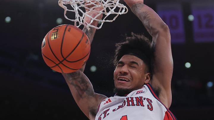Mar 14, 2026; New York, NY, USA; St. John's Red Storm forward Dillon Mitchell (1) goes up for the dunk against the Connecticut Huskies during the second half of the men's Big East Conference Tournament Championship at Madison Square Garden. Mandatory Credit: Brad Penner-Imagn Images