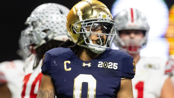 Notre Dame Fighting Irish safety Xavier Watts against the Ohio State Buckeyes during the CFP National Championship.