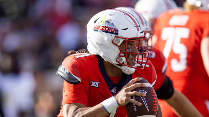 Oct 19, 2024; Tucson, Arizona, USA; Arizona Wildcats quarterback Noah Fifita (11) against the Colorado Buffalos at Arizona Stadium. Mandatory Credit: Mark J. Rebilas-Imagn Images