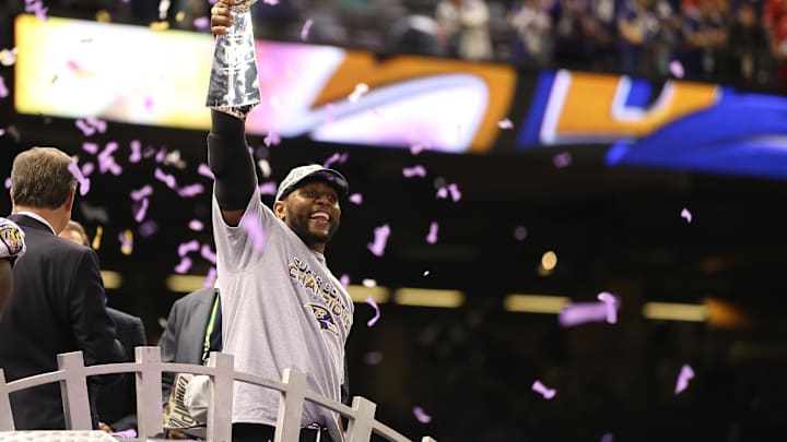 Ray Lewis celebrates winning Super Bowl XLVII.