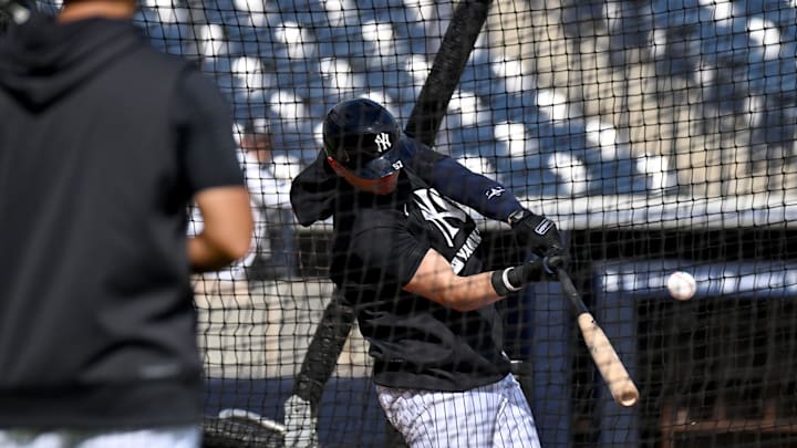 Feb 16, 2025; Tampa, FL, USA; New York Yankees catcher Jesus Rodriguez (97) takes batting practice  during spring training at George M. Steinbrenner Field. Mandatory Credit: Jonathan Dyer-Imagn Images