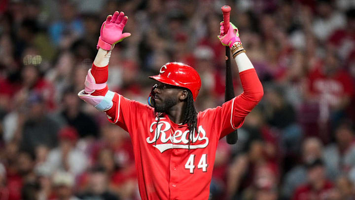 Cincinnati Reds shortstop Elly de la Cruz (44) stretches between pitches in the eighth inning of the MLB National League game between the Cincinnati Reds and the Colorado Rockies at Great American Ball Park in downtown Cincinnati on Tuesday, April 28, 2026. The Reds won the opening game of the series, 7-2.