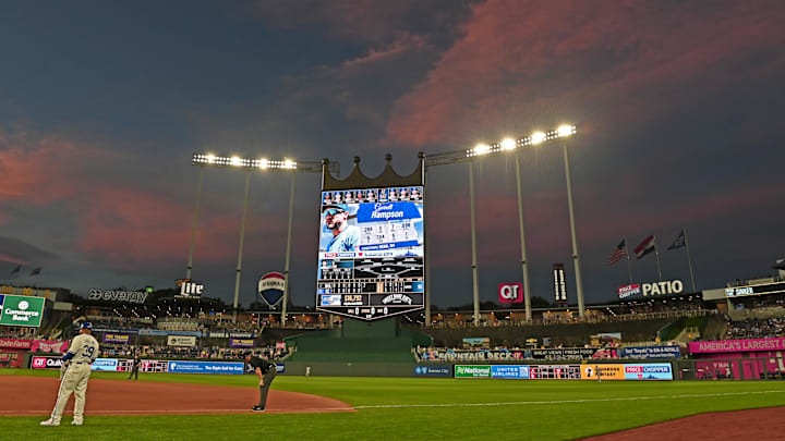 Jun 25, 2024; Kansas City, Missouri, USA;  A general view of Kauffman Stadium in the seventh inning of a game between the Kansas City Royals and Miami Marlins. Mandatory Credit: Peter Aiken-Imagn Images