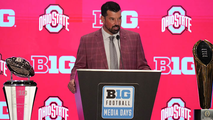 Jul 22, 2025; Las Vegas, NV, USA; Ohio State head coach Ryan Day speaks to the media during the Big Ten NCAA college football media days at Mandalay Bay Resort. Mandatory Credit: Lucas Peltier-Imagn Images