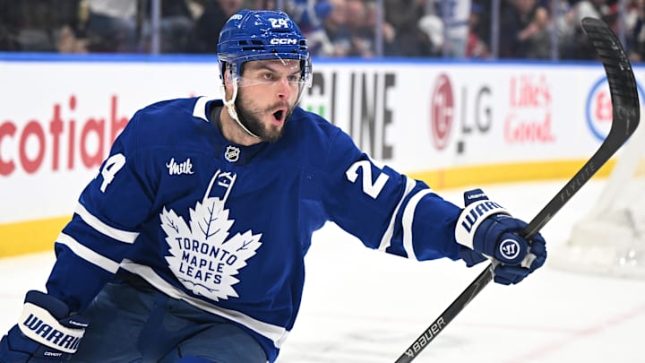 Dec 6, 2025; Toronto, Ontario, CAN;  Toronto Maple Leafs forward Scott Laughton (24) celebrates after scoring a goal against the Montreal Canadiens in the third period at Scotiabank Arena. Mandatory Credit: Dan Hamilton-Imagn Images