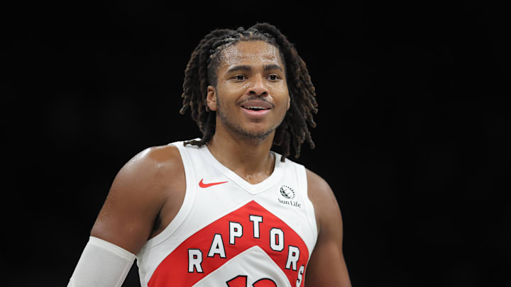 Nov 11, 2025; Brooklyn, New York, USA; Toronto Raptors forward Collin Murray-Boyles (12) during the third quarter against the Brooklyn Nets at Barclays Center. Mandatory Credit: Brad Penner-Imagn Images