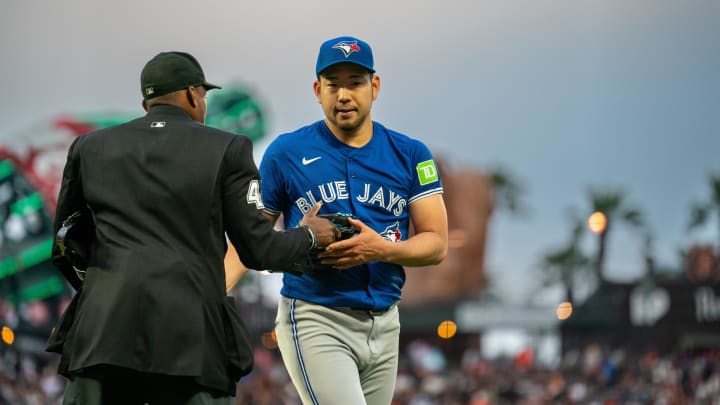 Jul 9, 2024; San Francisco, California, USA; umpire Kerwin Danley (44) checks Toronto Blue Jays starting pitcher Yusei Kikuchi (16) glove after the fifth inning against the San Francisco Giants at Oracle Park. Mandatory Credit: Neville E. Guard-USA TODAY Sports Jul 9, 2024; San Francisco, California, USA; umpire Kerwin Danley (44) checks Toronto Blue Jays starting pitcher Yusei Kikuchi (16) glove after the fifth inning against the San Francisco Giants at Oracle Park. Mandatory Credit: Neville E. Guard-USA TODAY Sports