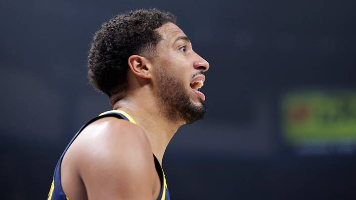 Oct 13, 2026; Oklahoma City, Oklahoma, USA; Indiana Pacers guard Tyrese Haliburton (0) reacts during a play against the Oklahoma City Thunder during the second quarter at Paycom Center. Mandatory Credit: Alonzo Adams-Imagn Images