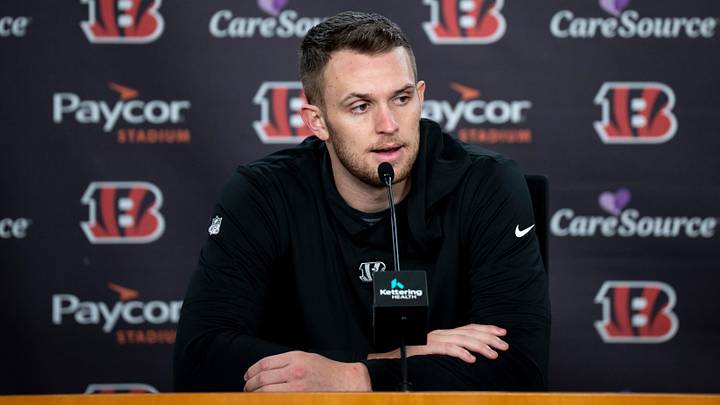 Bengals quarterback Jake Browning speaks at a press conference at Paycor Stadium in Cincinnati on Wednesday, Nov. 22, 2023.