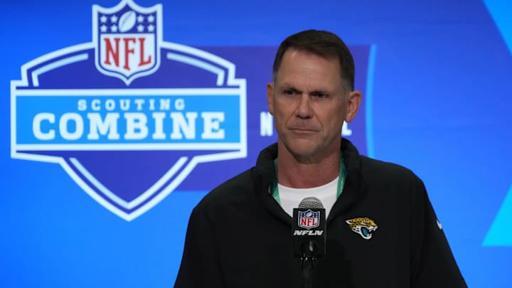 Feb 27, 2024; Indianapolis, IN, USA; Jacksonville Jaguars general manager Trent Baalke speaks at a press conference at the NFL Scouting Combine at Indiana Convention Center. Mandatory Credit: Kirby Lee-Imagn Images