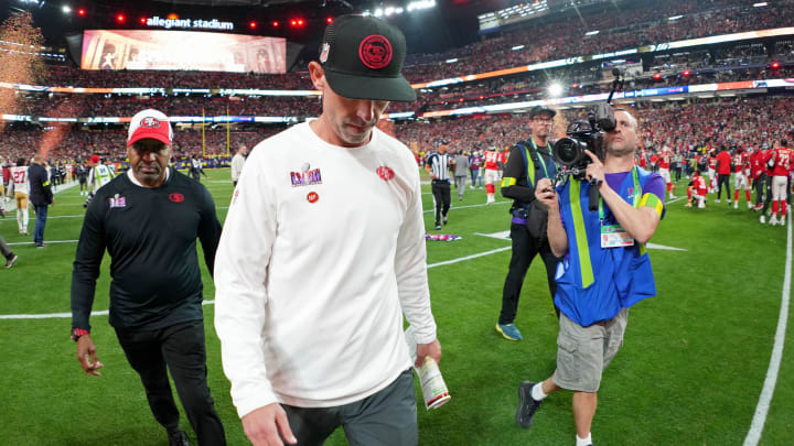 Feb 11, 2024; Paradise, Nevada, USA; San Francisco 49ers head coach Kyle Shanahan walks off the