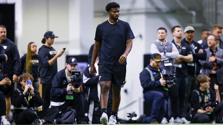 Apr 4, 2025; Boulder, CO, USA; Colorado Buffaloes quarterback Shedeur Sanders (2) runs drills at the University of Colorado NFL Showcase at the CU Indoor Practice Facility. Apr 4, 2025; Boulder, CO, USA; Colorado Buffaloes quarterback Shedeur Sanders (2) runs drills at the University of Colorado NFL Showcase at the CU Indoor Practice Facility.