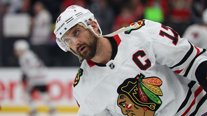 Feb 25, 2025; Salt Lake City, Utah, USA; Chicago Blackhawks left wing Nick Foligno (17) warms up before a game against the Utah Hockey Club at Delta Center. Mandatory Credit: Rob Gray-Imagn Images