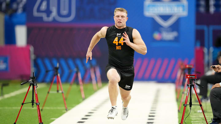 Feb 28, 2026; Indianapolis, IN, USA; Iowa wideout Kaden Wetjen (WO44) during the NFL Scouting Combine at Lucas Oil Stadium. Mandatory Credit: Kirby Lee-Imagn Images