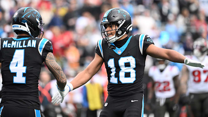 Dec 21, 2025; Charlotte, North Carolina, USA; Carolina Panthers wide receiver Jalen Coker (18) celebrates with wide receiver Tetairoa McMillan (4) after a play during the first half against the Tampa Bay Buccaneers at Bank of America Stadium. Mandatory Credit: Bob Donnan-Imagn Images Dec 21, 2025; Charlotte, North Carolina, USA; Carolina Panthers wide receiver Jalen Coker (18) celebrates with wide receiver Tetairoa McMillan (4) after a play during the first half against the Tampa Bay Buccaneers at Bank of America Stadium. Mandatory Credit: Bob Donnan-Imagn Images
