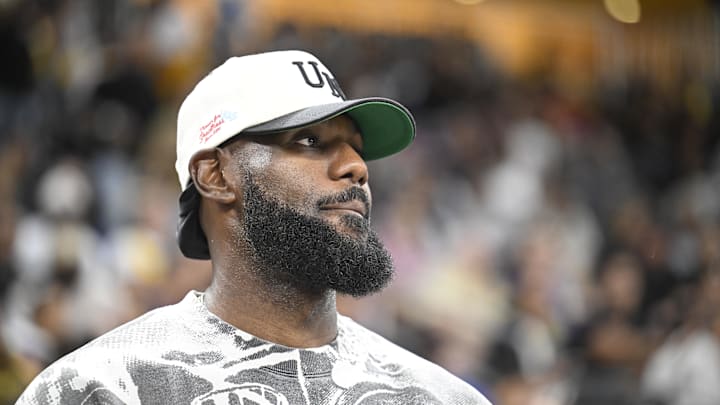 Oct 3, 2025; Palm Desert, California, USA; Lebron James looks on during the first half against the Phoenix Suns at Acrisure Arena. Mandatory Credit: Denis Poroy-Imagn Images
