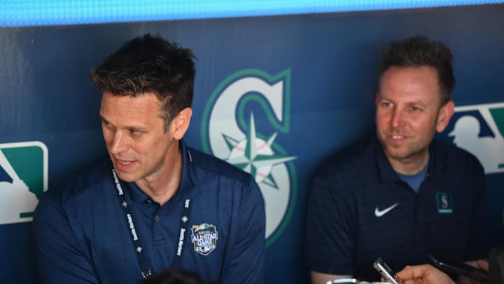 Aug 1, 2023; Seattle, Washington, USA; Seattle Mariners president of baseball operations Jerry Dipoto and general manager Justin Hollander talk to the media prior to the game against the Boston Red Sox at T-Mobile Park. Mandatory Credit: Steven Bisig-Imagn Images